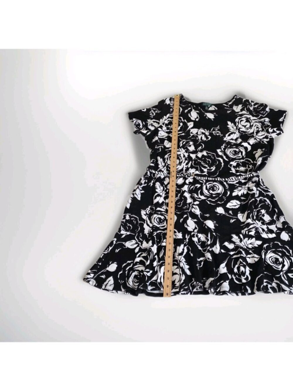 Ralph Lauren Midi Dress Plus Size 3X Black White Floral Ruffled Hem Belt Viscose - Picture 8 of 16